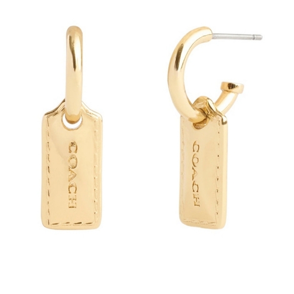 COACH Womens Gold-Tone Signature Stitched Hangtag Charm Huggies. NWT - Picture 1 of 7